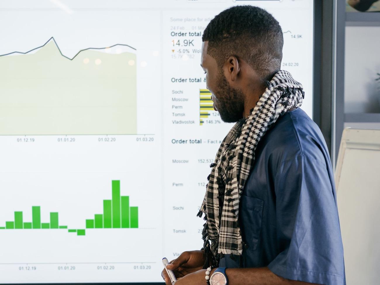 Professionnel analysant des graphiques financiers sur un grand écran