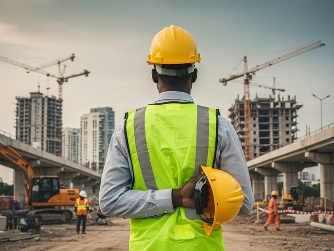 Professionnel du BTP casque en main face à un chantier avec grues