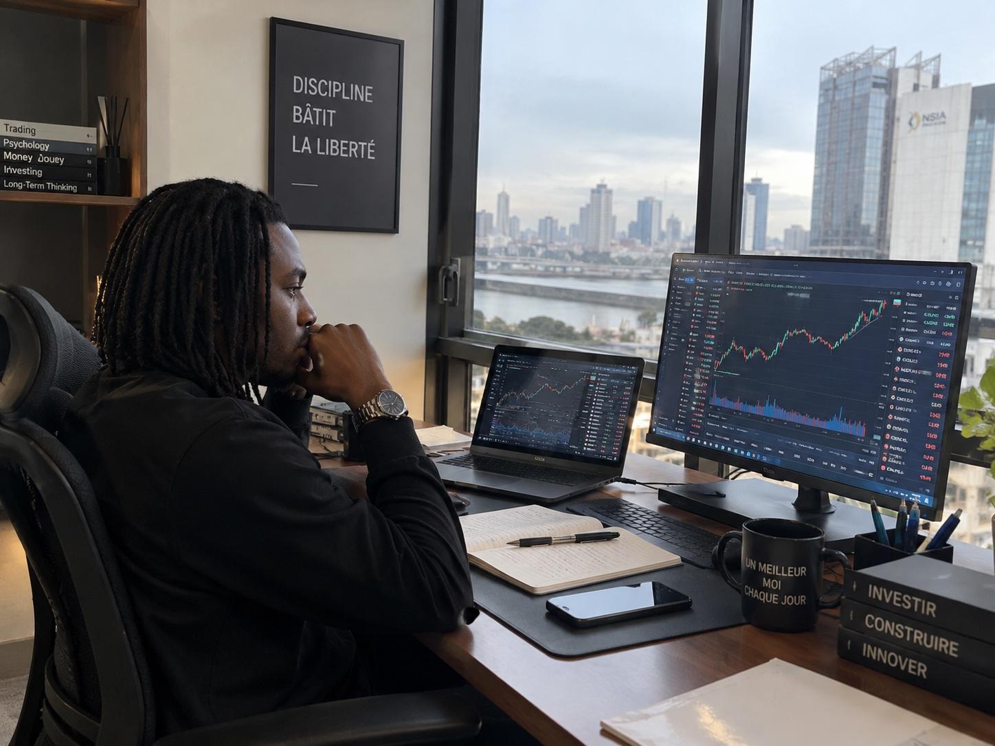 Analyse des marchés financiers depuis un bureau donnant sur Abidjan
