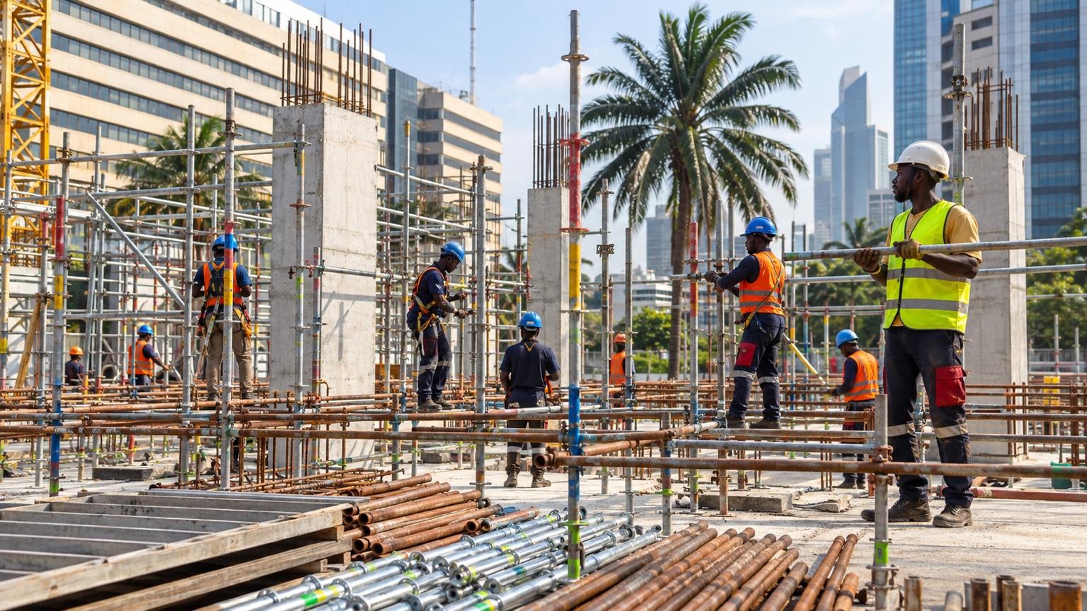 Ouvriers sur un chantier de construction dans un quartier d'affaires